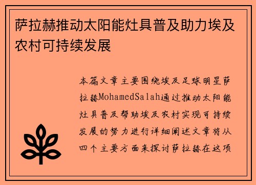 萨拉赫推动太阳能灶具普及助力埃及农村可持续发展