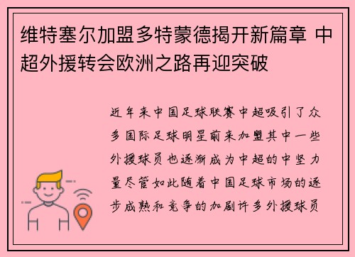 维特塞尔加盟多特蒙德揭开新篇章 中超外援转会欧洲之路再迎突破