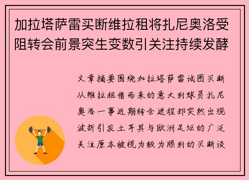 加拉塔萨雷买断维拉租将扎尼奥洛受阻转会前景突生变数引关注持续发酵